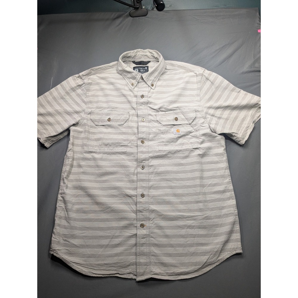 Carhartt Mens Loose Fit Striped Short Sleeve Button Down Work Shirt Gray Size M